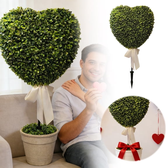 Boxwood Heart Topiary, Green and White Planter Pots with Bow Tie, 32", Valentine's Day Indoor Porch Home Decor