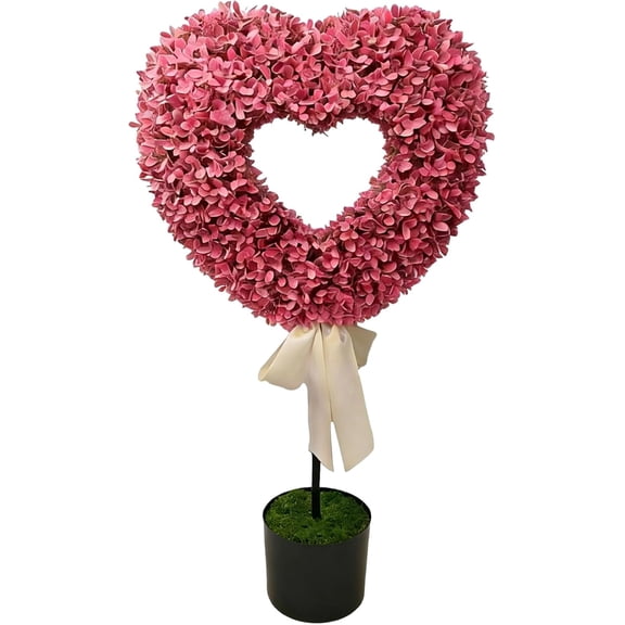 Boxwood Heart Topiary Outdoor, 29.5in Artificial Valentine's Day Heart Shaped Topiary Trees with Bow, Faux Boxwood Decoration Ball Tree with Planter Pots for Indoor Outdoor Porch Decor(1PCS, Pink)