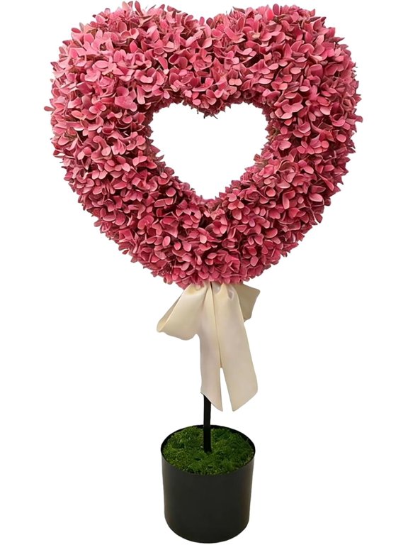 Boxwood Heart Topiary Outdoor, 29.5in Artificial Valentine's Day Heart Shaped Topiary Trees with Bow, Faux Boxwood Decoration Ball Tree with Planter Pots for Indoor Outdoor Porch Decor(1PCS, Pink)