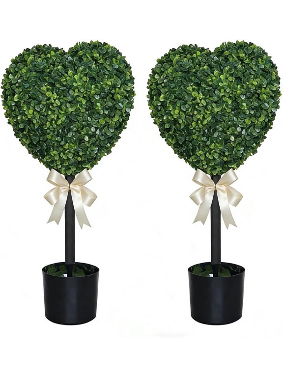 Boxwood Heart Topiary Outdoor, 29.5in Artificial Valentine's Day Heart Shaped Topiary Trees with Bow, Faux Boxwood Decoration Ball Tree with Planter Pots for Indoor Outdoor Porch Decor(2PCS, Green#b)