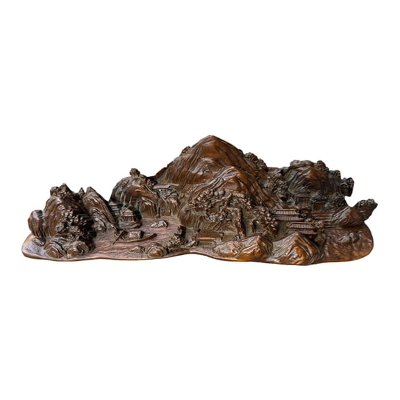 Boxwood Mountain Landscape Carving, Traditional Pavilion Intricate Sculpture, Deep Carved Natural Decor, Serene Retreat Ornament, Cultural Elegance Home Accent, Nature Harmony Symbol