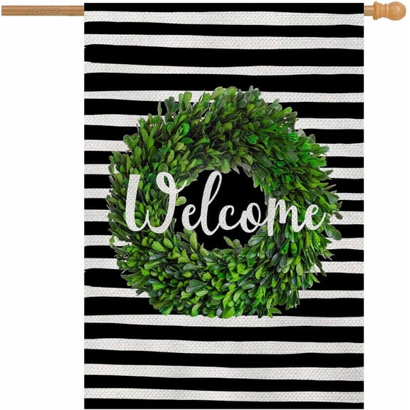 Boxwood Wreath Welcome House Flag 28 x 40 Inch Large Vertical Double Sided Black and White Stripes Background Seasonal Outside Décor for Garden Yard Farmhouse Flags