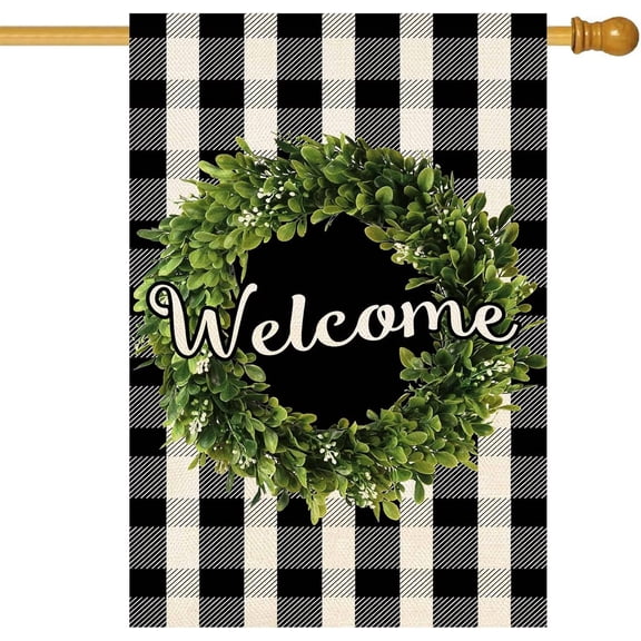 Boxwood Wreath Welcome House Flag Vertical Double Sided, Buffalo Check Plaid Rustic Farmhouse Burlap Garden Yard House Flag Outdoor Decoration 28 x 40 Inch