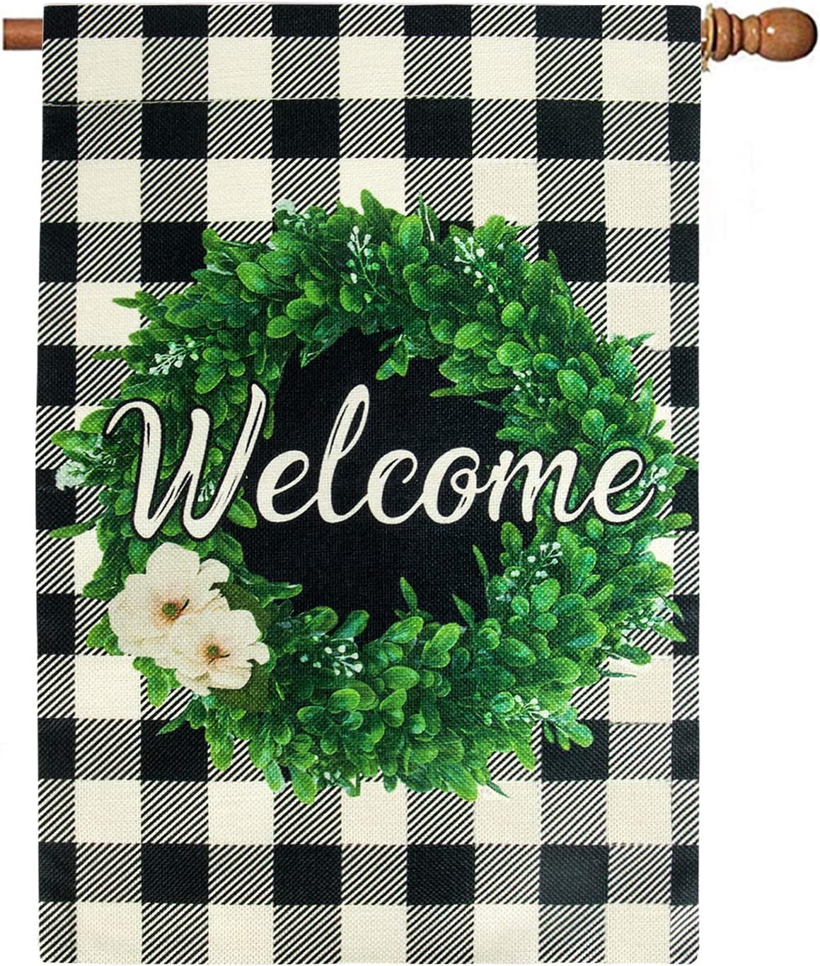 Boxwood Wreath Welcome Spring Flag 28 x 40 Double Sided, Burlap Buffalo ...