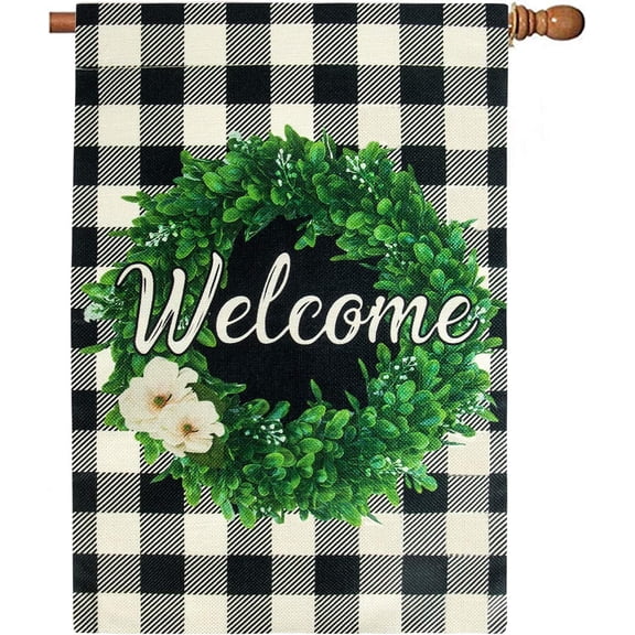 Boxwood Wreath Welcome Spring Flag 28 x 40 Double Sided, Burlap Buffalo Check Plaid Winter House Flags Rustic Farmhouse Spring Winter Yard Garden Decor, Large Welcome Flag