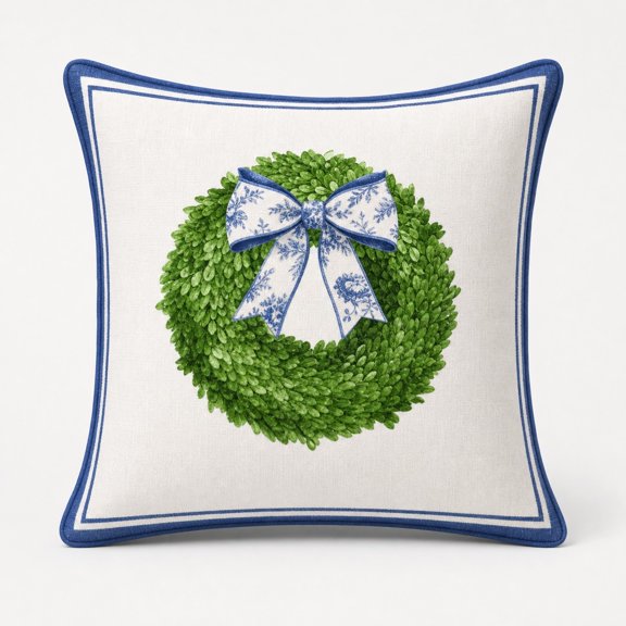 Boxwood Wreath and Bow Throw Pillow Cover, Double-Sided Print for Sofa Couch Bed, Cover Only – Insert Not Included