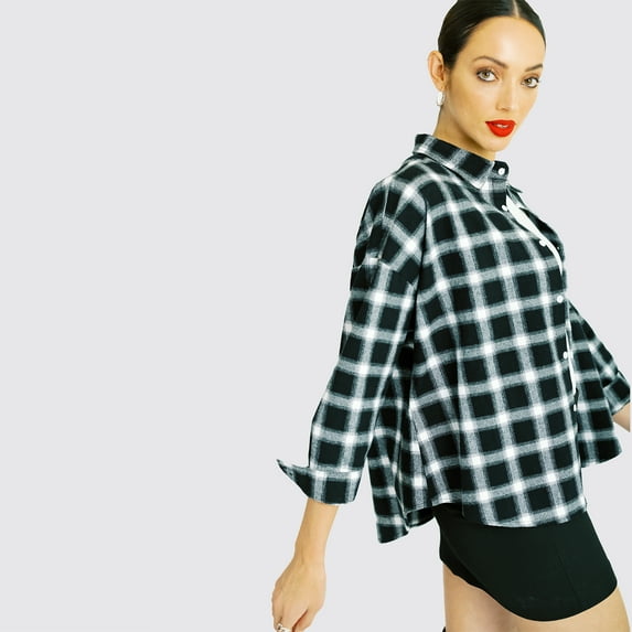 Boxy Boyfriend Fit Flannel / Black + White Buffalo Plaid