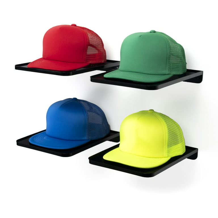 Boxy Concepts Hat Rack for Wall (4 Pack) - Hat Organizer for Baseball Caps  - Hat Storage, Hat Holder, & Hat Hanger - Plastic Wall Mountable Hat  Display Shelf with 3M Foam