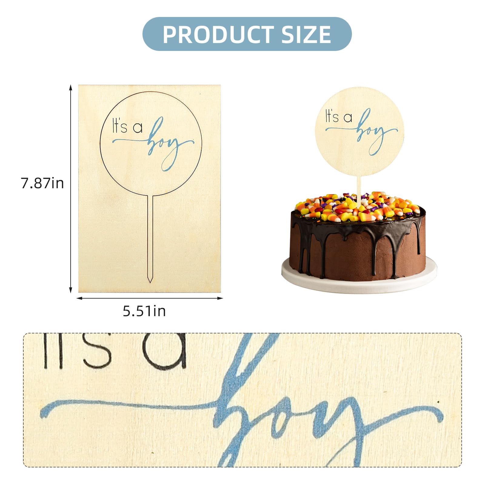 "It's A Boy" Wooden Cake Topper - Gender Reveal Party Decorations Baby Shower Cake Decor