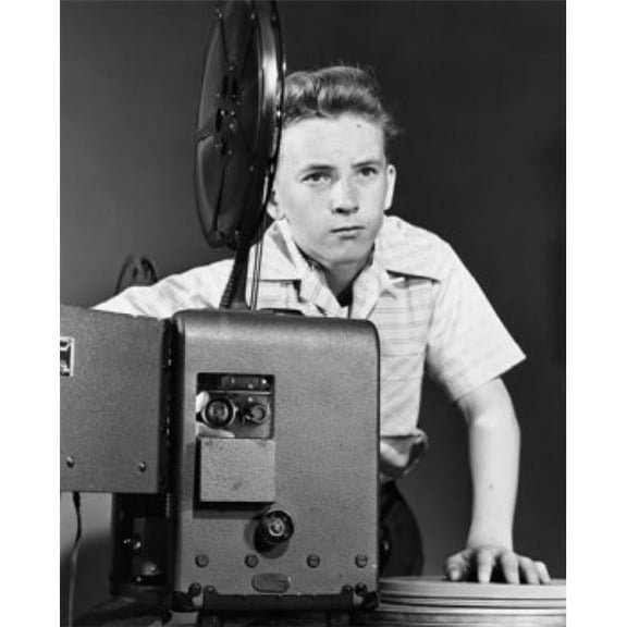 Boy Adjusting a Projector Poster Print - 18 x 24 in.