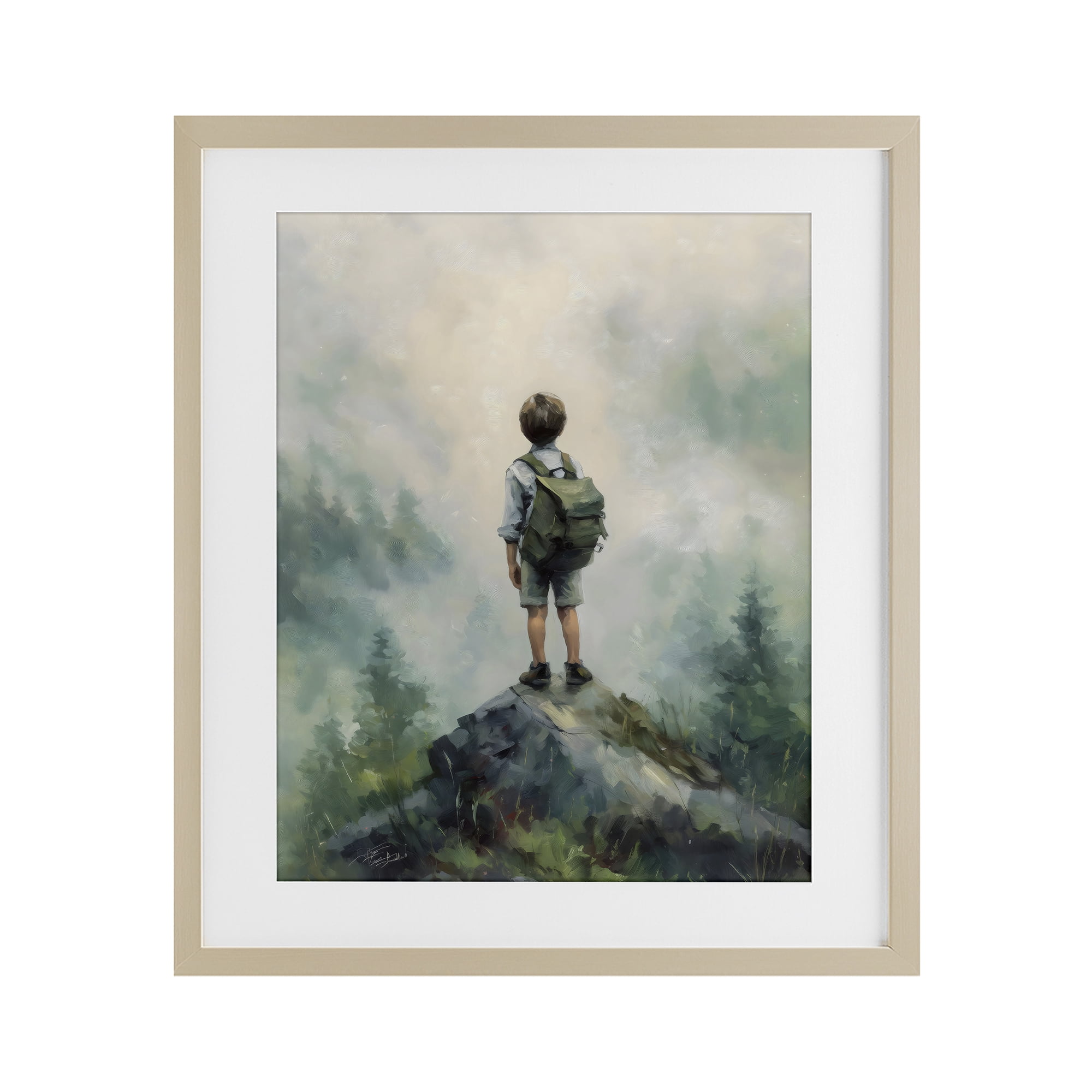 Boy Adventurer Atop Mountain Birch Framed Print Under Glass, design by Arlington Prints