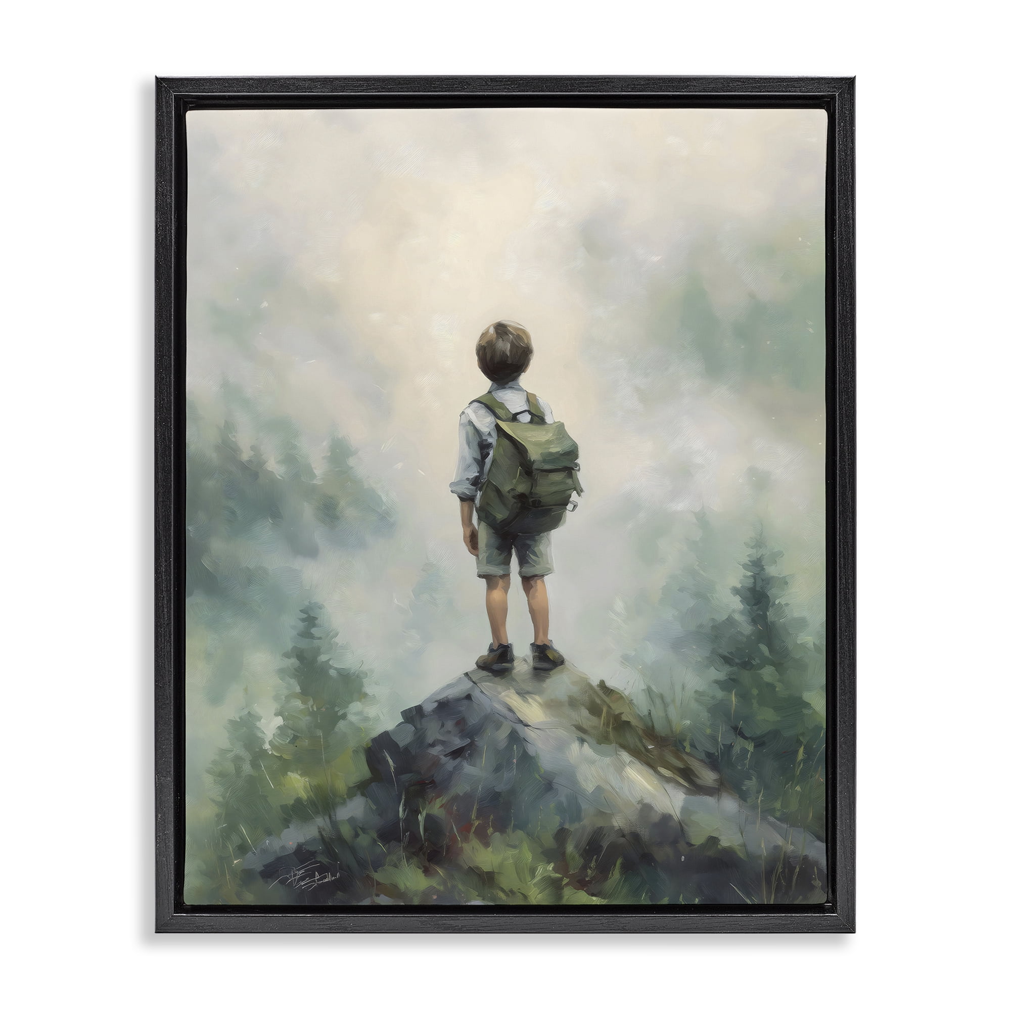 Boy Adventurer Atop Mountain Black Framed Floater Canvas Wall Art, design by Arlington Prints