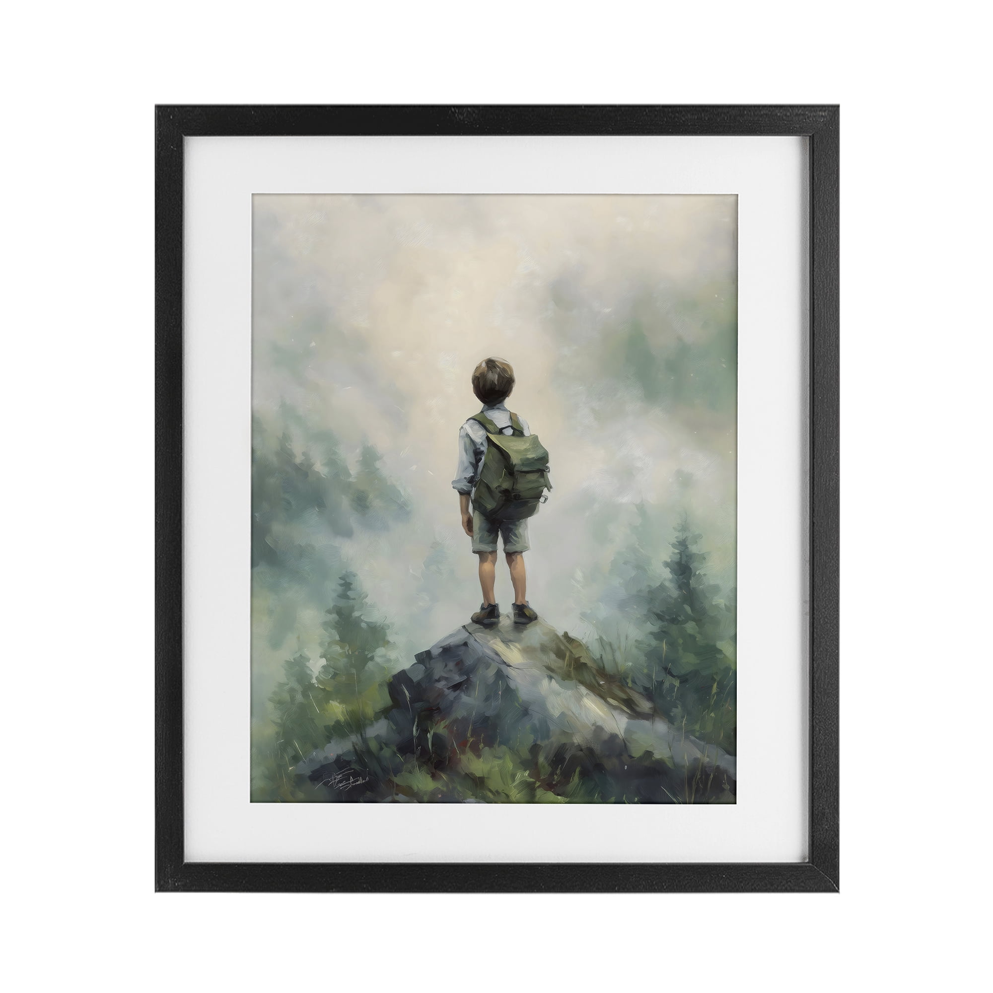 Boy Adventurer Atop Mountain Black Framed Print Under Glass, design by Arlington Prints