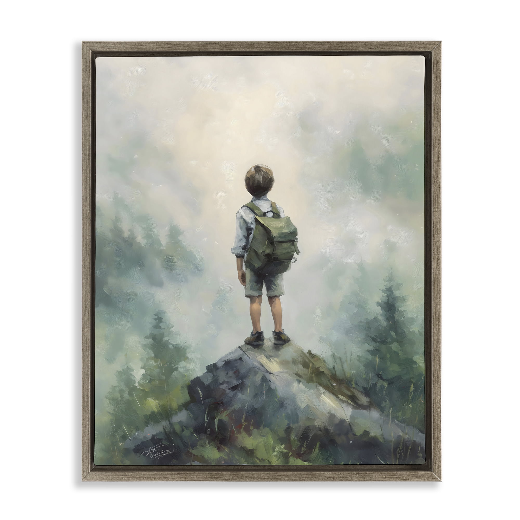 Boy Adventurer Atop Mountain Brown Framed Floater Canvas Wall Art, design by Arlington Prints