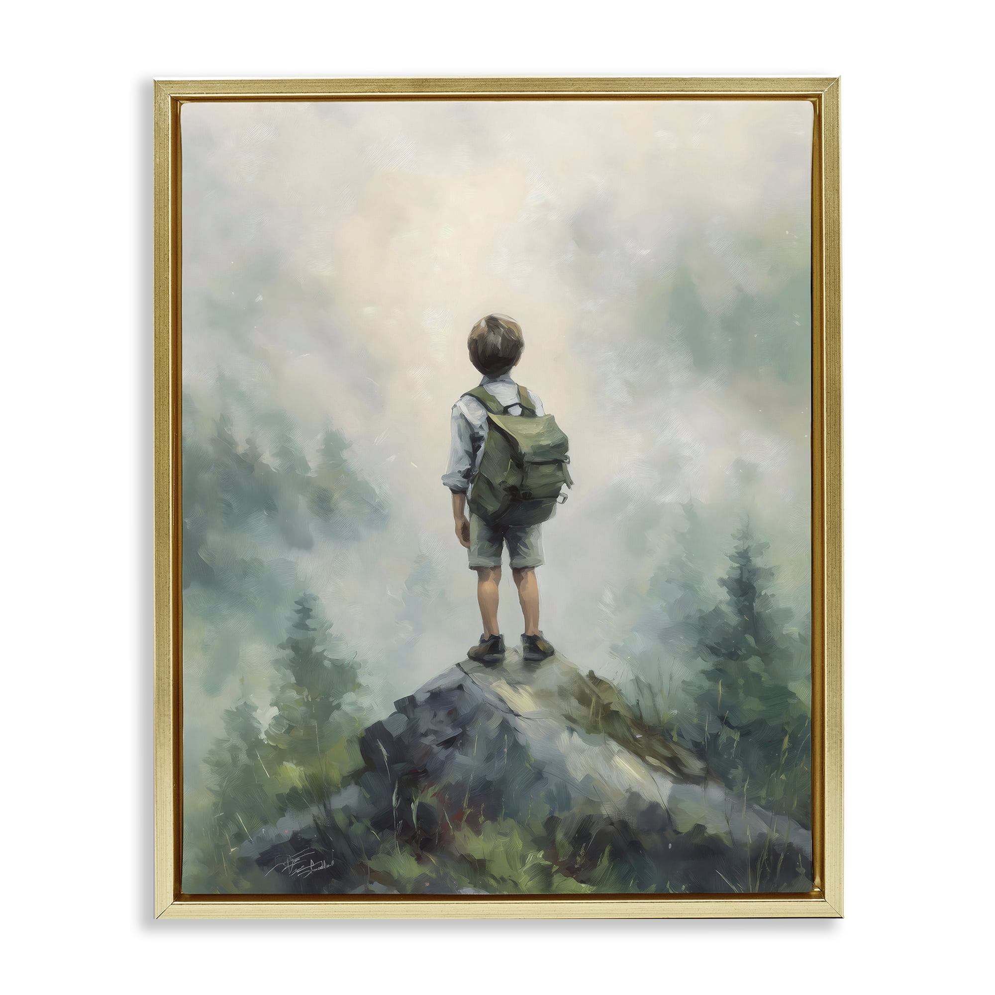 Boy Adventurer Atop Mountain Gold Framed Floater Canvas Wall Art, design by Arlington Prints