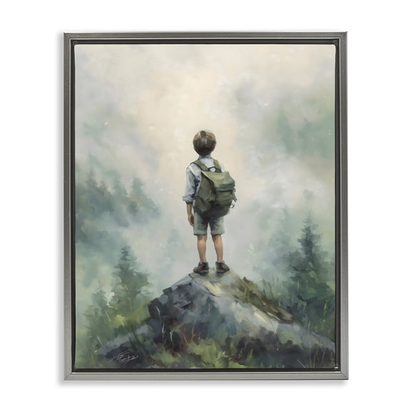 Boy Adventurer Atop Mountain Gray Framed Floater Canvas Wall Art, design by Arlington Prints