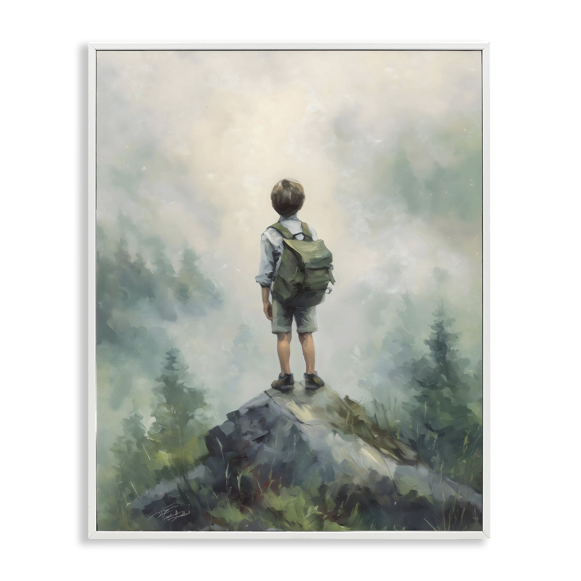 Boy Adventurer Atop Mountain White Framed Giclee Art, design by Arlington Prints
