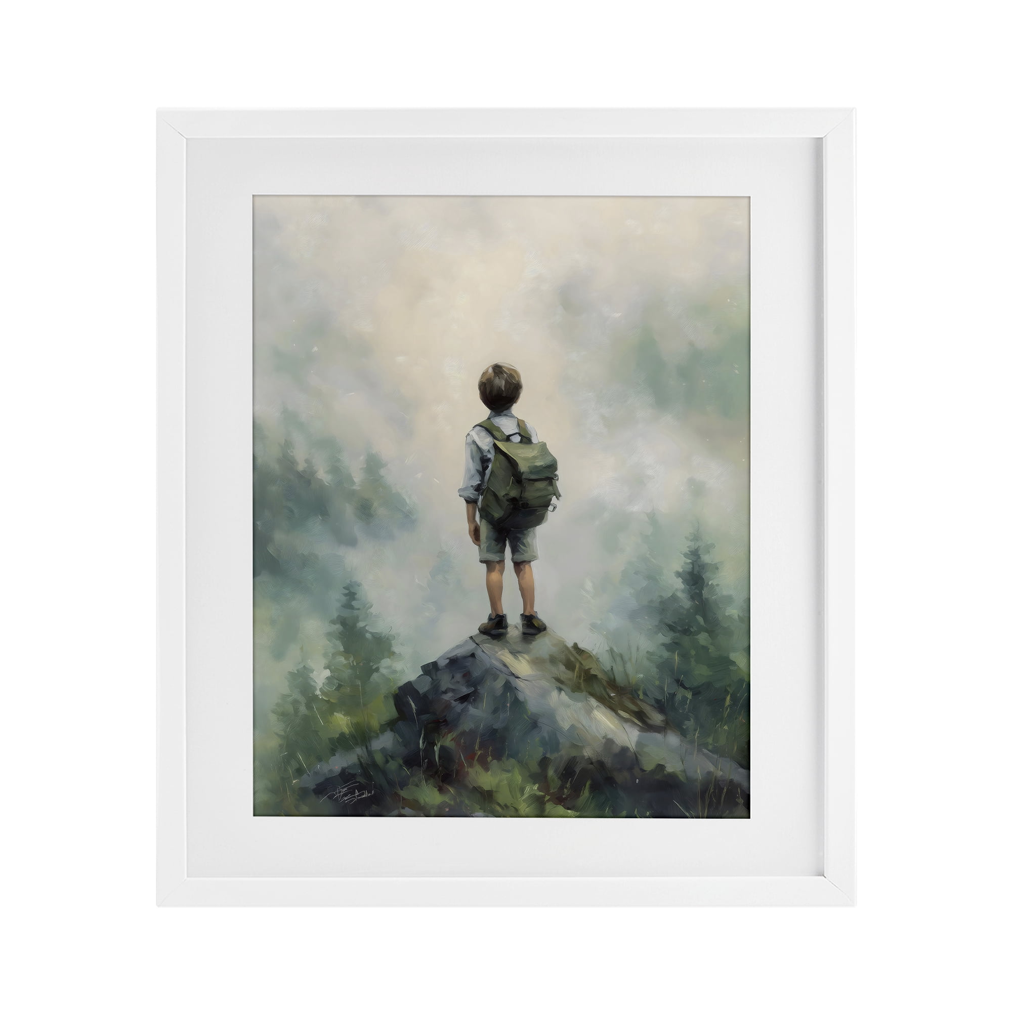 Boy Adventurer Atop Mountain White Framed Print Under Glass, design by Arlington Prints