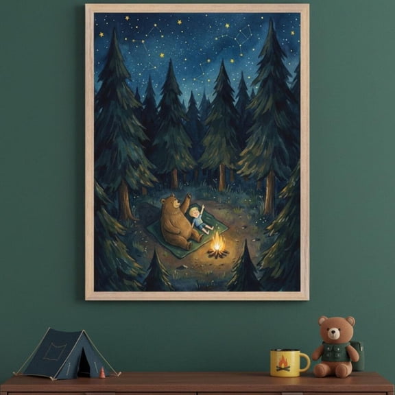 Boy And Bear Print Woodland Nursery Wall Art Campfire Night Sky Decor Unframed Paper Print