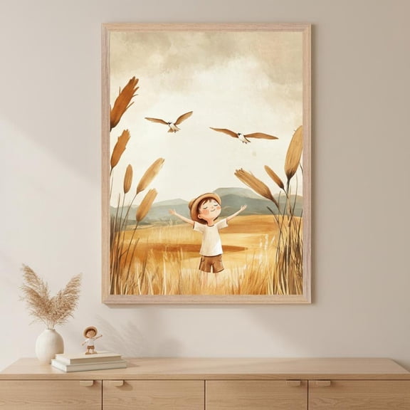Boy And Birds In Flight Serene Nature Scene Wall Art Golden Field Unframed Paper Print