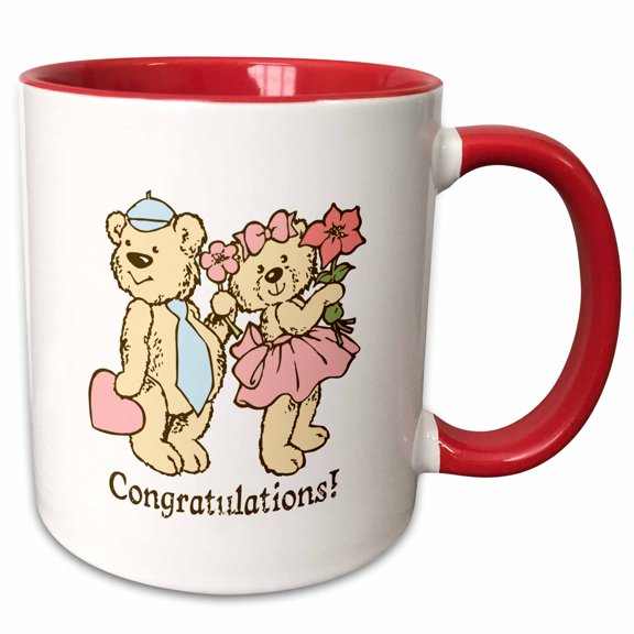 3drose, Boy and Girl Teddy Bears Congratulations Illustration, 15oz Two-tone Red Mug