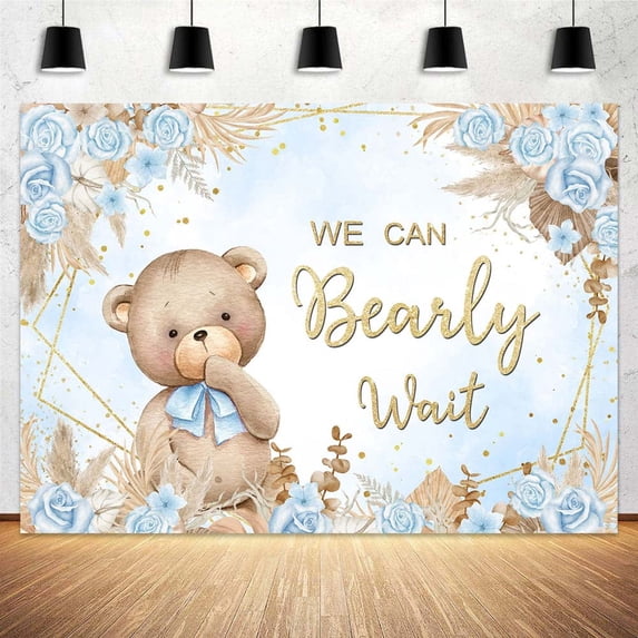 Boy Baby Birthday Backdrop Blue Flower Photograph Backdrop Cute Bear Background Kids Birthday Banner Backdrop 10X8FT