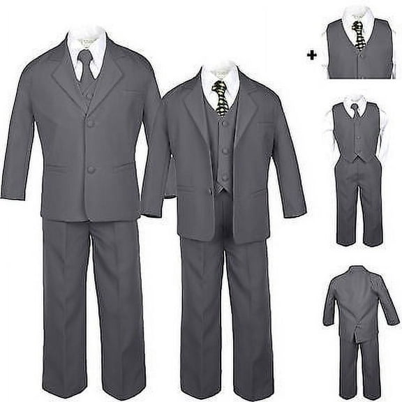 Boy Baby Kid Teen Formal Wedding Dark Grey Tuxedo Suit Black Dot Necktie sz S-20