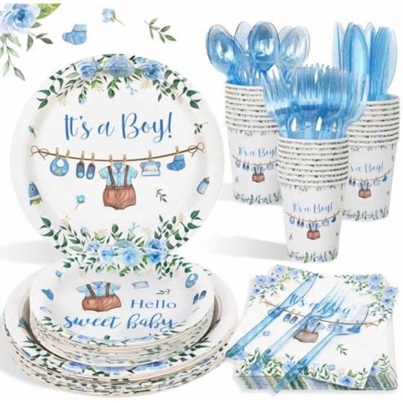 Boy Baby Shower Decorations Plates Set 25 Guests, Pcs Blue It's a Boy Baby Shower Decorations Paper Plates Napkins Cups Cutlery Sets$$Home Decor, Kitchen, & Other