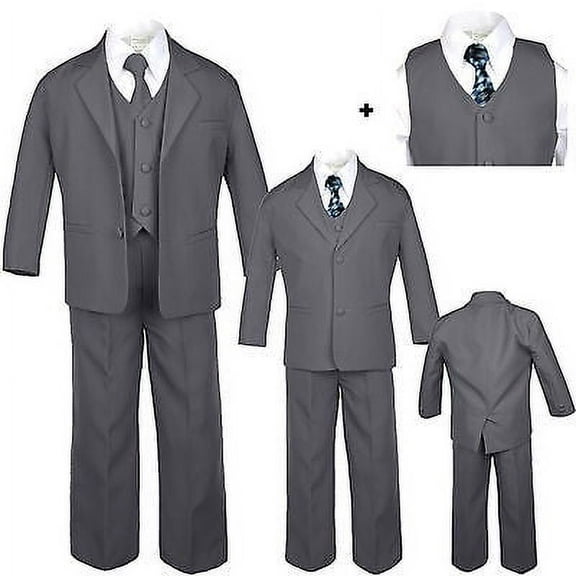 Boy Baby Toddler Kid Teen Formal Wedding Dark Grey Tuxedo Suits Checker Tie S-20