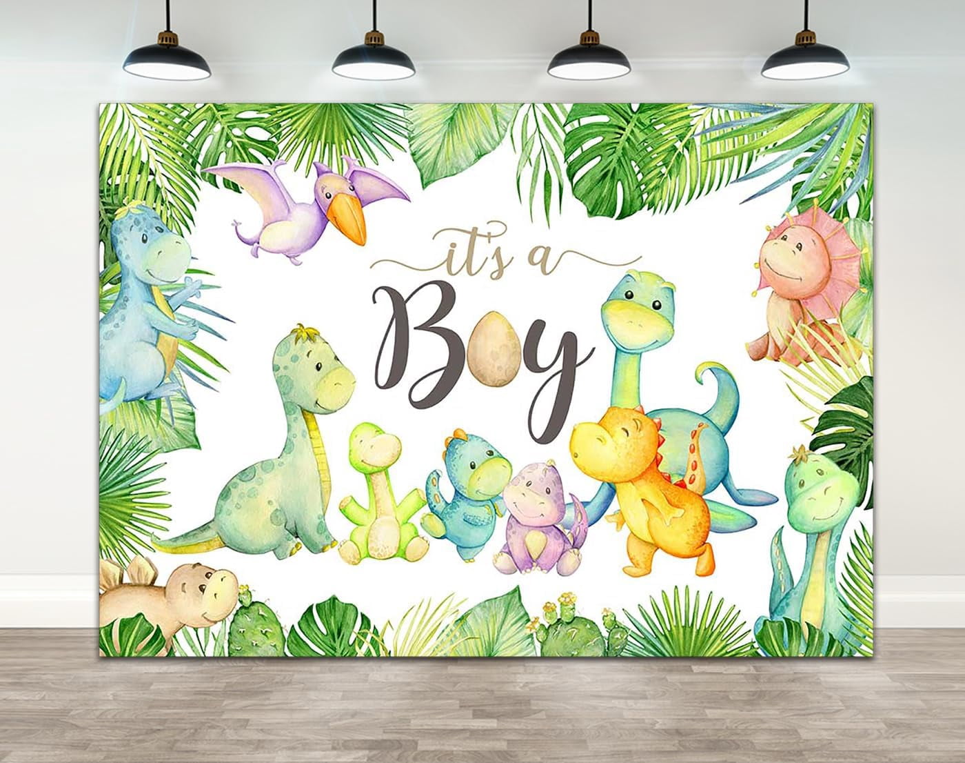 Its A Boy Green Leaves Dinosaur Round Baby Shower Backdrop