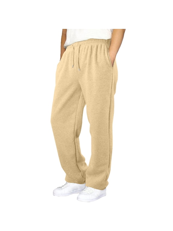 Unisex Sweatpants Athletic Pants Clothes Boys Girls Joggers with Pocket Adjustable Drawstring Elasticity Waist Open Bottom (Khaki, 7-8 Years)