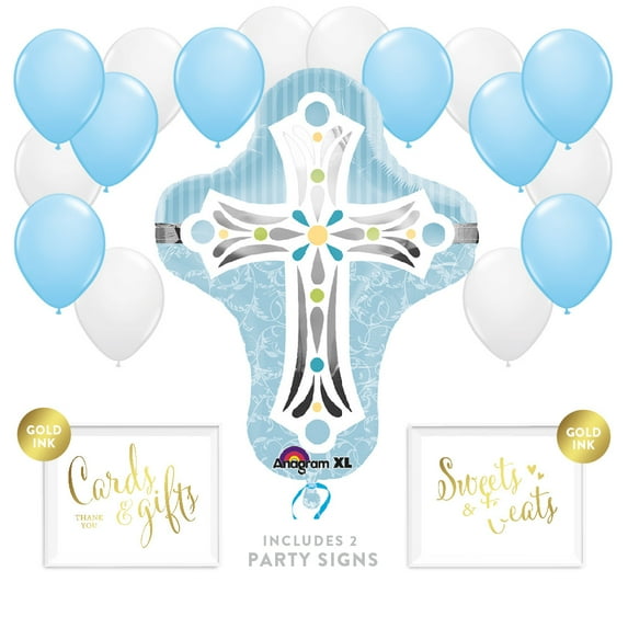 Boy Baptism Christening Confirmation Cross Balloon 19-Piece Party Décor Kit With Signs, Blue