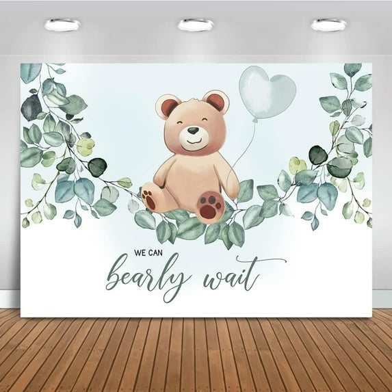 Boy Bear Baby Shower Backdrop We Can Bearly Wait Background Watercolor Leaves Bear Baby Shower Party Cake Table Decoration Photo Booth Props