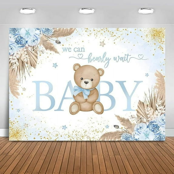 Boy Bear Backdrop Blue Boho Pampas Grass Background We Can Bearly Wait Baby Shower Party Cake Table Decoration Photo Booth Props
