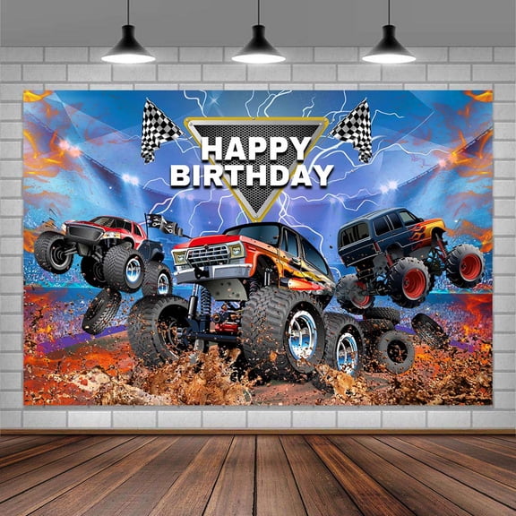 Boy Birthday Background Happy Birthday Backdrop Blue Cool Birthday Backdrop Truck Race Photograph Backdrop Truck Tire Backdrop 5X3FT