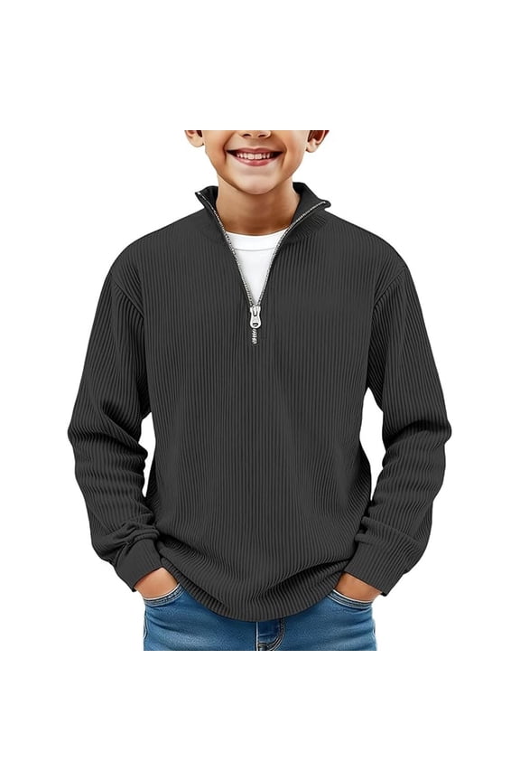 Boy Blouses Casual Corduroy Quarter Zip Pullover Collared Ribbed Sweatshirt Kids Clothing