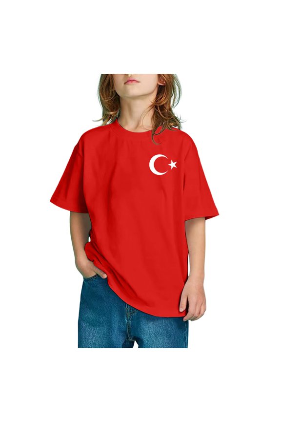 Boy Blouses Casual Flag Of Turkey Print Short Sleeve Round Neck Trend Bottoming Casual Tops