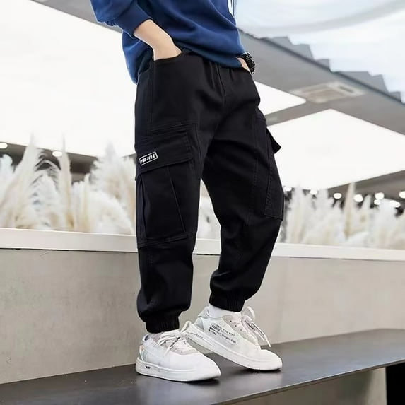 Boy Cargo Pants 16-18 Baggy Pants for Boys Boys Cargo Joggers Pants Elastic Waist Casual Jogging Trousers Bottom for Kids,Z1-Black,130(7-9 Years)