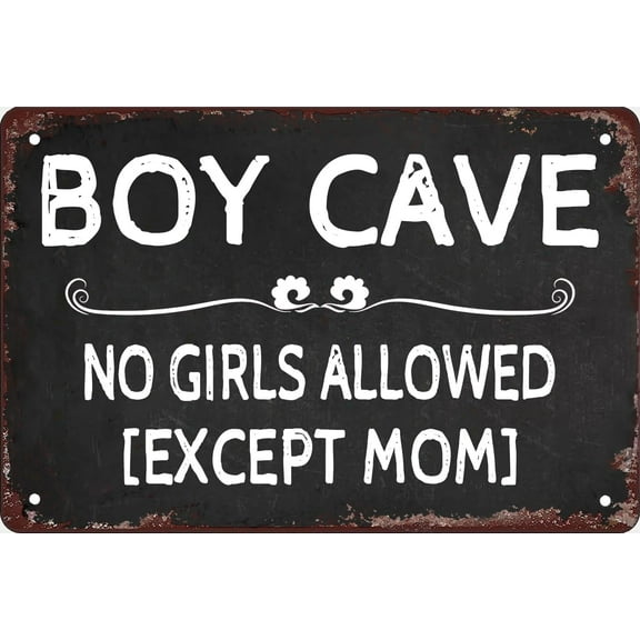 Boy Cave Metal Sign Boy Room Wall Door Sign No Girls Allowed Except Mom Sign for Teen Boys Bedroom Door Wall Decor 12X8 Inch