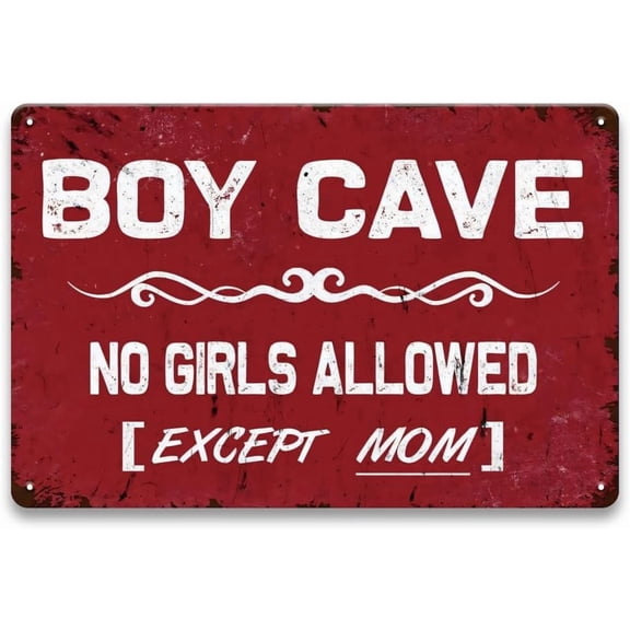 Boy Cave No Girls Allowed Except Mom Sign Aluminum 8x12 Inch Boys Room Bedroom Door Decor Kids Gaming Room Wall Art