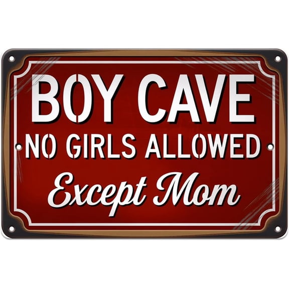 Boy Cave tin sign, Vintage Boy Cave Metal Sign No Girls Allowed Except Mom print Aesthetic Room Decoration for Home Bedroom Kitchen Bar Coffee Bathroom Indoor Outdoor Wall Decor, 8 X 12 IN