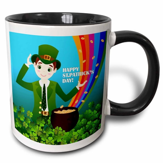 3drose, Boy Celebrating Saint Patrick Day Near Pot of Gold and Shamrocks, 15oz Two-tone Black Mug