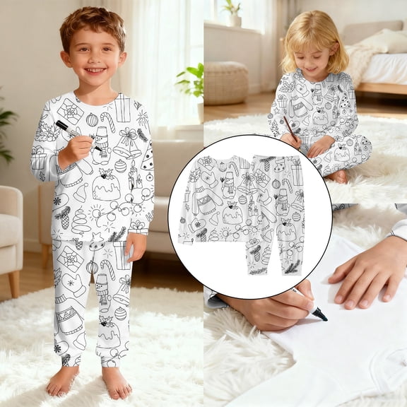 Boy Christmas Pajamas Long Sleeve Holiday Themed Sleepwear Cozy Festive Print Soft Colorable 2 Piece Pajama Set Christmas Pjs for Girls White