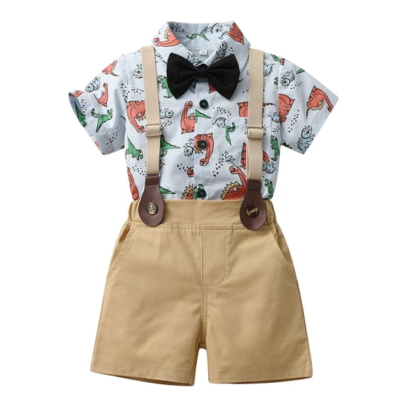 Boy Clothes Cartoon Dinosaur Short Sleeve Tops Shorts with Bowtie 3 Piece Gentleman Outfits Girls Outfits Blue 18-24 Months