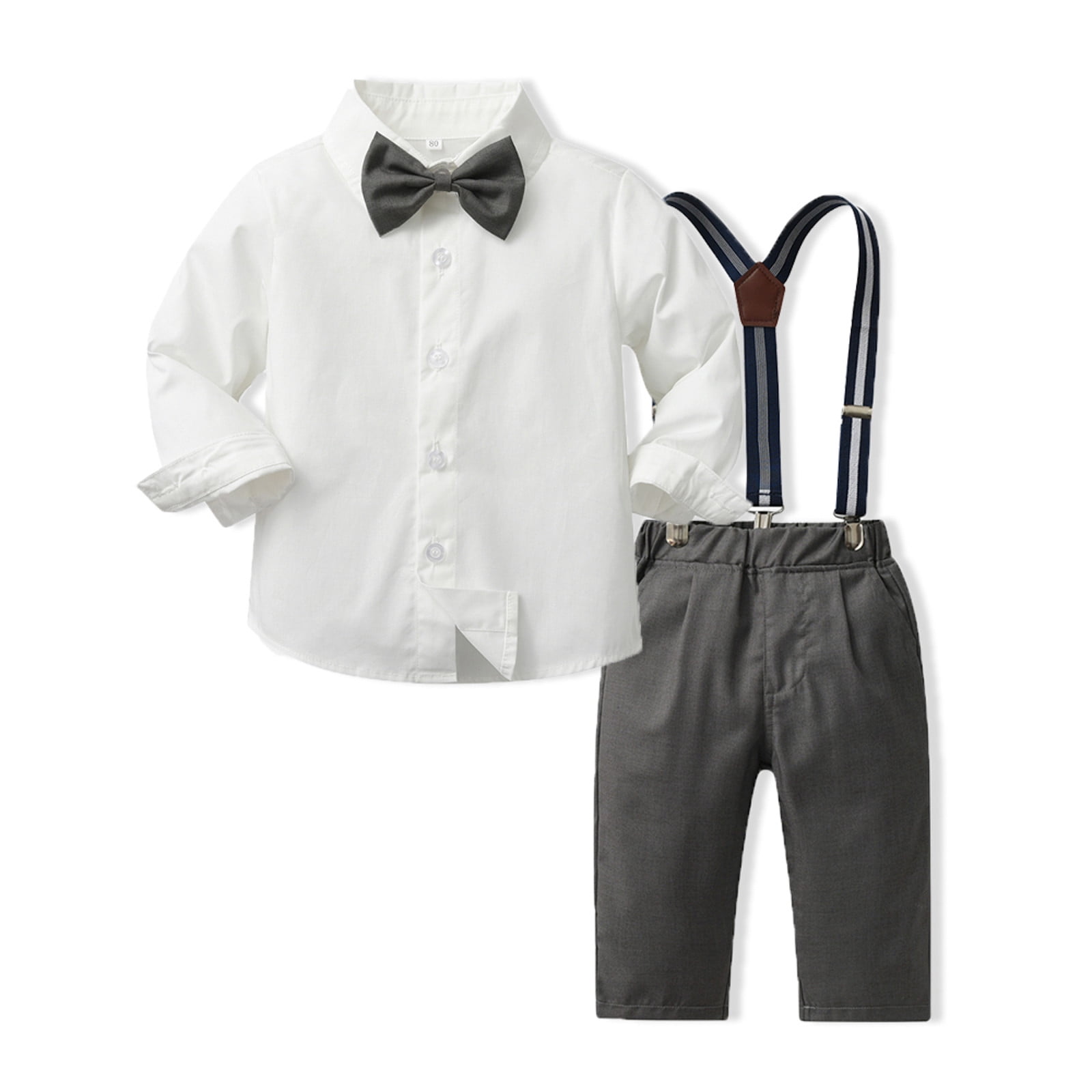 Boy Clothes Collared Dress Shirt with Bowtie Suspender Pants 3 Pieces Gentleman Outfit Set Birthday Boy for Toddler Boys 18-24 Months