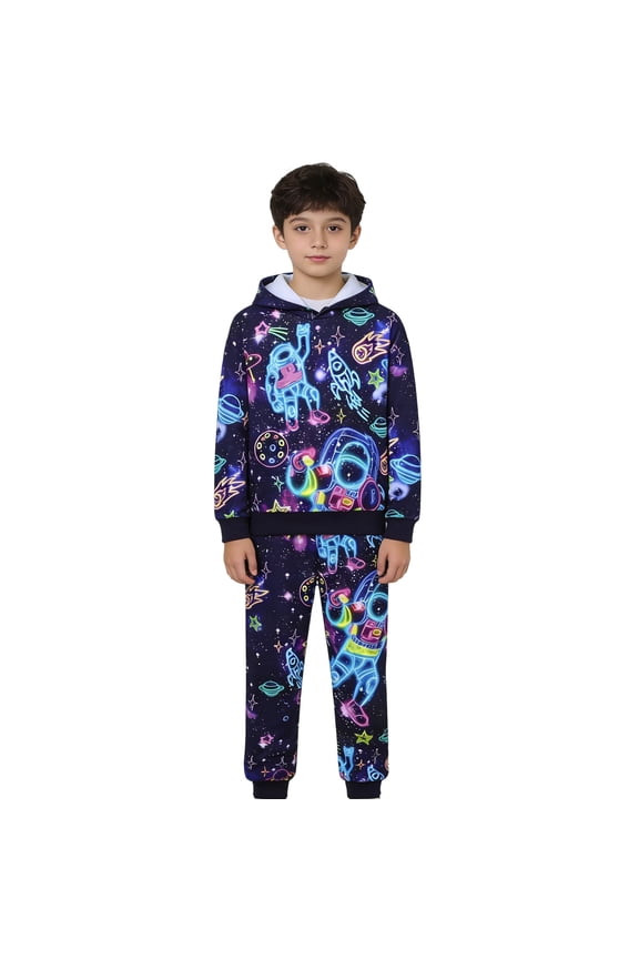 Boy Clothes Stylish Space Graffiti Print Hooded Sweatshirt and Pants 2 Piece Casual Outfit Girls Outfits Blue 2-3 Years