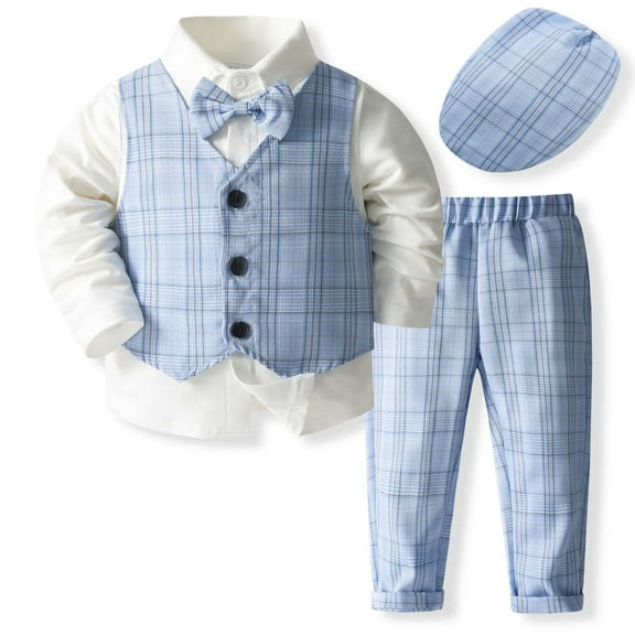 Boy Clothes Suits Tuxedo Gentleman Outfits Formal Dress Shirt+Vest+Pants Suit Sets For Kids,Toddler Baby Size 3-4T,Blue