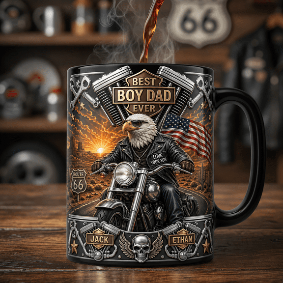 Boy Dad Biker Magic Mug Personalized Bald Eagle Dad Motorcycle Mug Gift for Dads