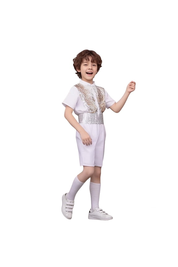 Boy Dance Sequin Dance Short Sleeve Top and Pants Set 90s Outfits for Kids Dance Performance Outerwear 9-10 Years
