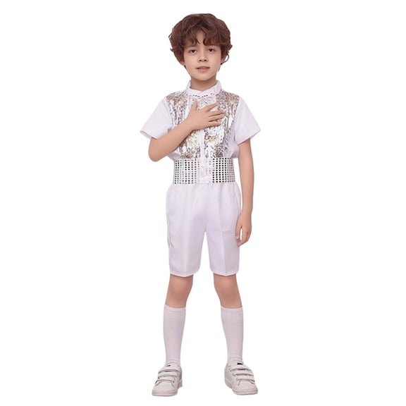 Boy Dance Sequin Dance Short Sleeve Top and Pants Set Jazz Dance Dance Performance Outerwear 9-10 Years